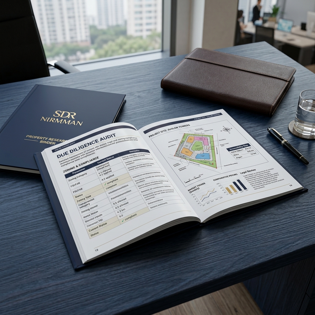 SDR Nirmman Sample Due Diligence Audit Report binder mockup set on navy blue desk